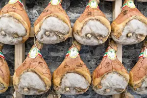 Emilia Prints: Italy traditional ham (prosciutto) Parma hanging in maturation room