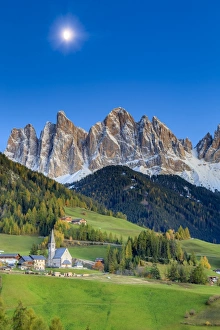 Italy, Trentino Alto Adige, South Tyrol Region, Night view of Val di Funes and Santa