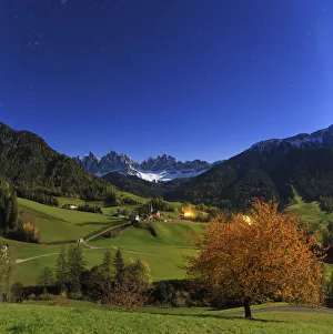 Italy, Trentino Alto Adige, South Tyrol Region, Night view of Val di Funes and Santa