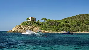 Water Sports Prints: Italy, Tuscany, Elba. The Gulf of Procchio with the villa seen from the sea