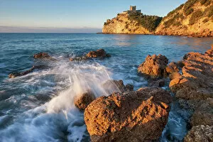 Italy, Tuscany, Mediterranean Sea, morning light, castle, near Castiglione della Pescaia