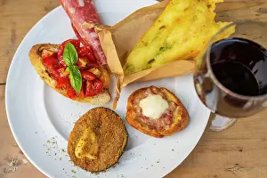 Plate Prints: Italy, Tuscany. A plate of mixed tuscan apetizers in an agriturismo