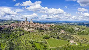 Italy, Tuscany, Val d Elsa. Aerial view of the medieval village of San Gimignano