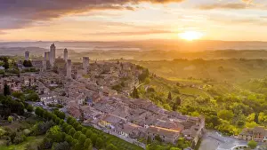 Italy, Tuscany, Val d Elsa. Aerial view of the medieval village of San Gimignano
