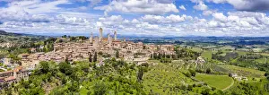 Italy, Tuscany, Val d Elsa. Panoramic aerial view of the medieval village of San Gimignano