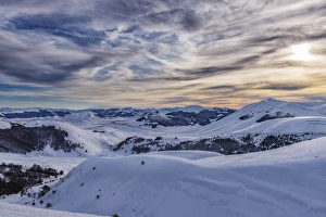 Norcia Prints: Italy, Umbria, Sibillini National Park, Sunset on plateau Piano Grande of Castelluccio