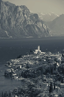 Italy, Veneto, Lake District, Lake Garda, Malcesine, aerial town view