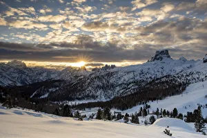 Croda Da Lago Prints: Italy, Veneto, province of Belluno, the sun rises behind the Cinque Torri