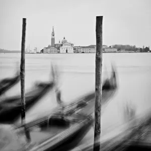 Black and White Gallery: Italy, Veneto, Venezia district, Venice. San Giorgio Maggiore. Gondolas