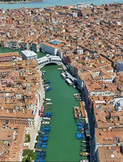 Rooftop Prints: Italy, Veneto, Venice, Aerial view of Grand Canal and Rialto Bridge