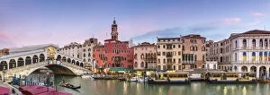 Tranquil Scene Collection: Italy, Veneto, Venice. Rialto bridge at dusk, high angle view