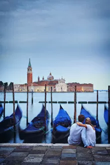 Images Dated 24th June 2017: Italy, Veneto, Venice, Sestiere of San Marco, Moored gondolas with San Giorgio Maggiore