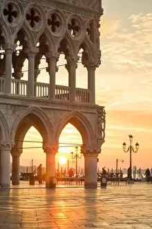 Venice Collection: Italy, Veneto, Venice. Sunrise over Piazzetta San Marco and Doges palace