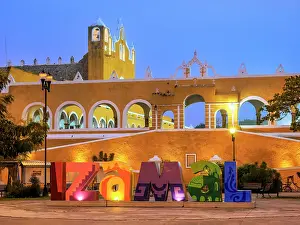 San Antonio Prints: Izamal Letters at the Itzamna Park and Convent of San Antonio de Padua at dawn