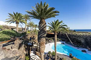 Jameos del Agua by Cesar Manrique, Lanzarote, Canary Islands. Pool and palm trees