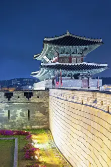 City Walls Prints: Janganmun Gate of Hwaseong Fortress (UNESCO World Heritage Site) at dusk