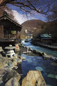 Japan, Gunma Prefecture, Takaragawa Onsen, outdoor hot springs along Takaragawa river Japan, Gunma Prefecture, Takaragawa Onsen, outdoor hot springs along Takaragawa river