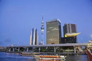 Japan, Honshu, Kanto, Tokyo, Asakusa, Office Buildings and Skytree Tower and Sumidagawa