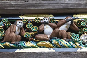Japan, Honshu, Tochigi Prefecture, Nikko, Toshogu Shrine, The Famous Three Wise Monkeys