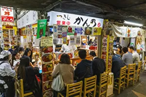 Images Dated 12th March 2020: Japan, Honshu, Tokyo, Tsukiji, Tsukiji Outer Market, Seafood Restaurant with Customers