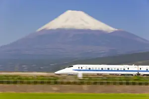 Railway Track Prints: Japan, Houshu, Shinkansen (Bullet train) which reaches speeds of up to 300km / h passing