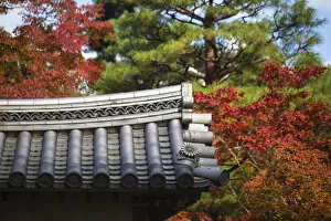 Images Dated 5th January 2016: Japan, Kyoto, Arashiyama, Nison -In Temple, Roof top and Autumn foliage