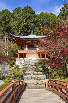 Pedestrian Bridge Prints: Japan, Kyoto, Daigoji Temple, Bentendo Hall and bridge