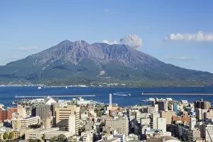Japan, Kyushu, Kagoshima, Kagoshima City Skyline and Sakurajima Volcano