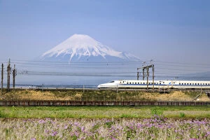 Mount Fuji Gallery: Japan, Shizuoka Prefecture, Yoshiwara, Mt Fuji and Shinkansen Series N700A bullet train
