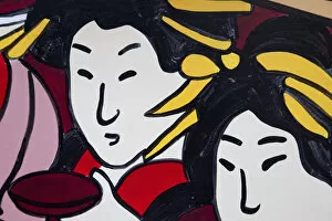 Japan, Tokyo, Asakusa, Shop Front Decoration featuring Female Ukiyo-e Characters