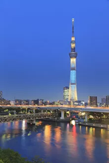 Japan, Tokyo, Asakusa, Tokyo Skytree Tower and Sumida River