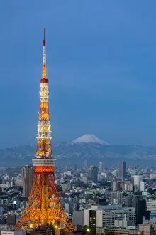 Images Dated 28th June 2017: Japan, Tokyo, elevated night view of the city skyline and iconic illuminated Tokyo Tower