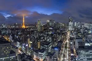 Images Dated 23rd June 2017: Japan, Tokyo, elevated night view of the city skyline and iconic illuminated Tokyo Tower