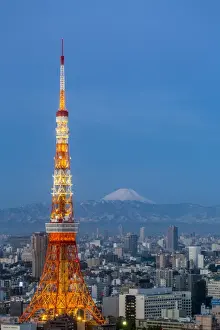 Japan, Tokyo, elevated night view of the city skyline and iconic illuminated Tokyo Tower