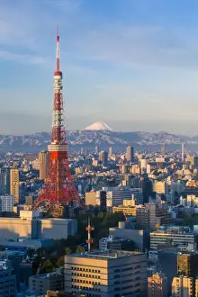 Japan, Tokyo, elevated night view of the city skyline and iconic Tokyo Tower