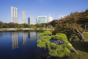 Japan, Tokyo, Hama Rikyu Japanese Garden and Shiodome Area Skyline
