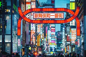 Crowd Prints: Japan, Tokyo, Kabukicho district at night with crowds and neon signs