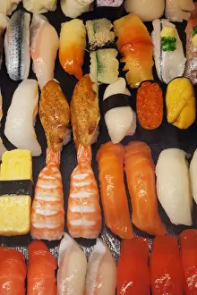 Japan, Tokyo, Restaurant Window Display of Plastic Sushi