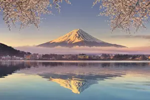 Volcano Prints: Japan, Yamanashi Prefecture, Kawaguchi Ko Lake and Mt Fuji