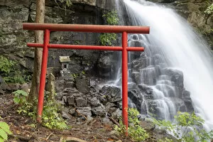 Japan, Yamanashi Prefecture, lake Kawaguchi, a torii gate next to a waterfall