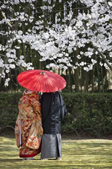 Japanese Gallery: Japanese couple wearing traditional clothing in Koraku-en Garden, Okayama, Okayama