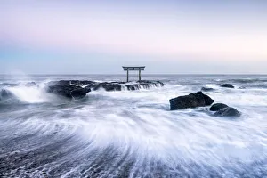 Copy Space Prints: Japanese torii gate at the coast, Ibaraki, Oarai, Japan