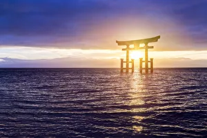 Japanese Torii Gate at sunrise, Lake Biwa, Takashima, Shiga prefecture, Japan