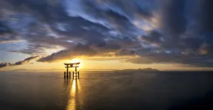Japanese Torii Gate at Sunrise, Lake Biwa, Takashima, Shiga Prefecture, Japan
