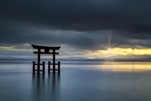 Shiga Prefecture Prints: Japanese Torii Gate at Sunset, Lake Biwa, Takashima, Shiga Prefecture, Japan
