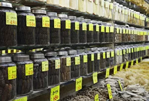 Images Dated 5th July 2010: Jars of dried sea cucumbers, Sheung Wan, Hong Kong, China