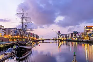 Harbours Prints: The Jeanie Johnston Tall Ship at Dawn, Custom House Quay, River Liffey, Dublin, Ireland