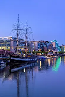 Harbours Prints: The Jeanie Johnston Tall Ship at Dusk, Custom House Quay, River Liffey, Dublin, Ireland