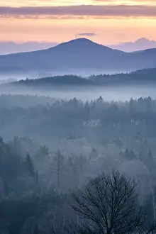 Cross Hill Prints: Jedlova mountain in Lusatian mountains rising above fog taken from Krizovy vrch hill