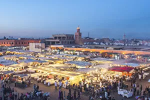 Jemaa el Fna, Marrakech, Morocco. Evening stalls at sunset